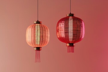 Fototapeta premium Red lanterns hanging from a ceiling, perfect for interior design projects