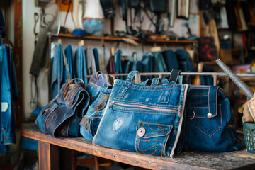 Handbags made from old jeans on a dressmaker table. DIY, denim upcycling, using old jeans, upcycle denim stuff. Sustainable lifestyle, hobby, crafting, recycling, zero waste concept