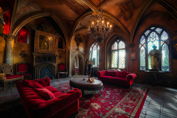 inside of a living room of a large, Gothic vampire castle. Dracula's castle