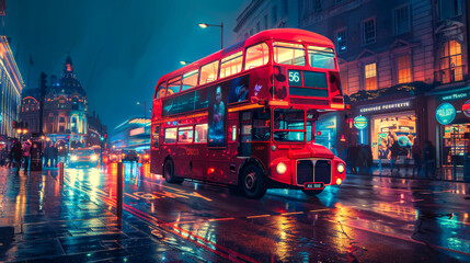 1970's  Red London Double Decker Bus,  on the city street at night..