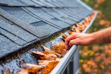 A man's hand cleaning leaves in a rain gutter on a roof, cleaning dirty gutters - obrazy, fototapety, plakaty