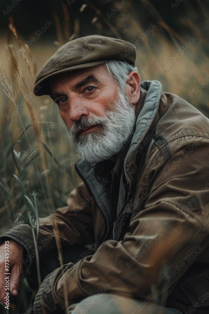 Poster a man sitting in a field of tall grass. suitable for nature and relaxation concepts