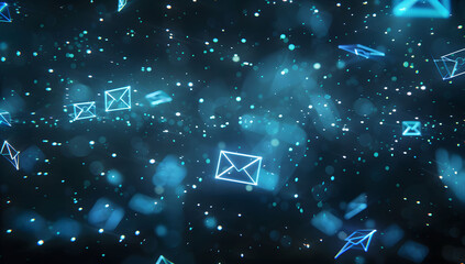 A digital background with glowing blue envelopes on a dark background, representing fast and modern email marketing. A background of a digital email icon floating in the air, newsletter concept.  - obrazy, fototapety, plakaty