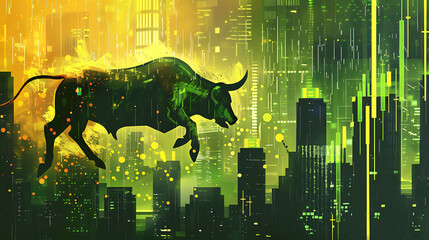 
A depiction of Bitcoin during a bull market, with its price soaring to new heights and investor optimism running high - obrazy, fototapety, plakaty