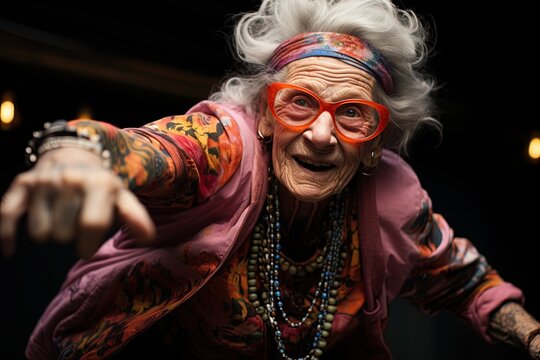Stylish very old lady in is dancing like DJ. Grandmother in eyeglasses with white hair at black background. Active aging concept.