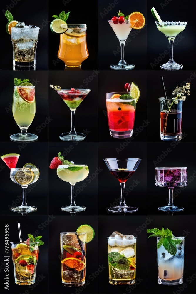 Poster a variety of cocktails displayed on a dark backdrop. ideal for bar menus or party invitations