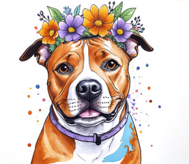 Staffordshire Bull Terrier dog with Floral Crown, marker drawing style of Staffy with flowers, Generative AI - obrazy, fototapety, plakaty