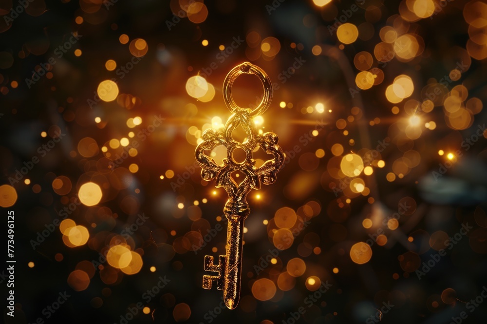 Poster A golden key hanging from the side of a tree. Suitable for various concepts and designs