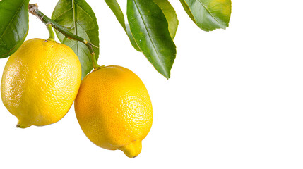 Two Lemon fruits hanging with branch and leaves isolated on white background. 