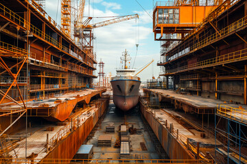 Shipyard on a clear day, ships in various stages of construction