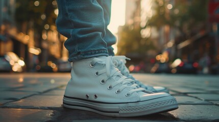 Person standing on sidewalk in white Converse shoes. Suitable for urban lifestyle concepts - obrazy, fototapety, plakaty