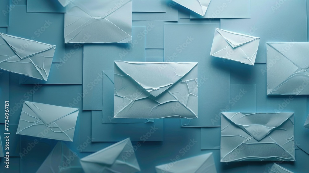 Poster white envelopes arranged on a blue background, suitable for various business and communication conce
