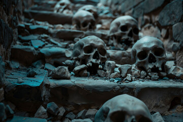 Skeletal remains strewn all over ancient decaying castle stone steps, broken and shattered sacrificed human skulls, scary macabre scene - obrazy, fototapety, plakaty