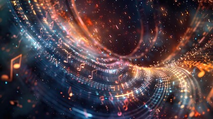 Music notes spiral in a dark space, suitable for music industry projects - obrazy, fototapety, plakaty