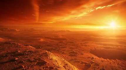 Selbstklebende Fototapeten A breathtaking sunrise over the horizon of Mars, casting a warm glow over its barren landscape © baseer