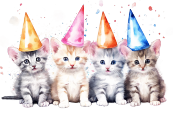 Pink watercolour poster Hand fancy Cute card wearing art graphic blue party print drawn clip white template. isolated confetti mice little painting gray design kitten cone hats. celebration con