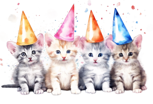 Pink watercolour poster Hand fancy Cute card wearing art graphic blue party print drawn clip white template. isolated confetti mice little painting gray design kitten cone hats. celebration con