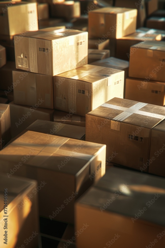 Poster a collection of boxes sitting on the ground. suitable for inventory or storage concepts