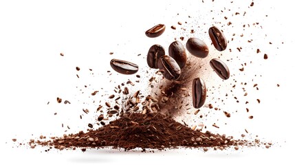 A burst of arabica grain with splashes of brown dust and shredded roasted ground coffee is shown isolated on a white background. Modern realistic illustration of espresso beans bursting on a white