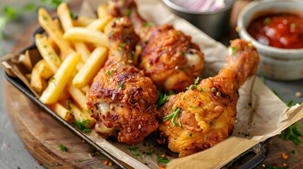 Crispy Fried Chicken Drumsticks with French Fries
