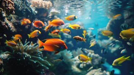 Fototapeta na wymiar Group of fish swimming in an aquarium. Suitable for aquatic life themes