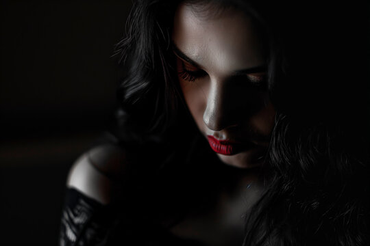 Mysterious woman in shadows with red lipstick