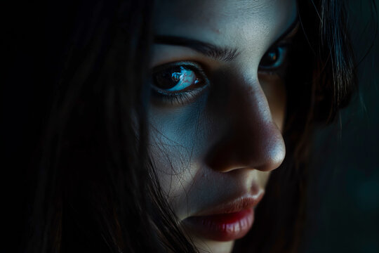 Mysterious woman with intense gaze in low light, highlighting her eyes and subtle facial features.