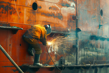 Welder at work on shipbuilding, shipyard, heavy industry