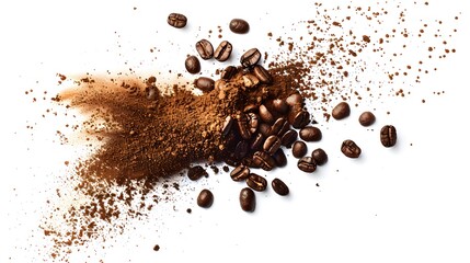 A burst of arabica grain with splashes of brown dust and shredded roasted ground coffee is shown...