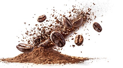 A burst of arabica grain with splashes of brown dust and shredded roasted ground coffee is shown...