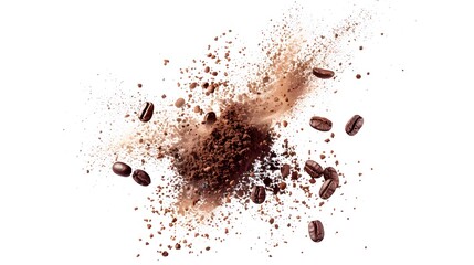 A burst of arabica grain with splashes of brown dust and shredded roasted ground coffee is shown isolated on a white background. Modern realistic illustration of espresso beans bursting on a white - obrazy, fototapety, plakaty