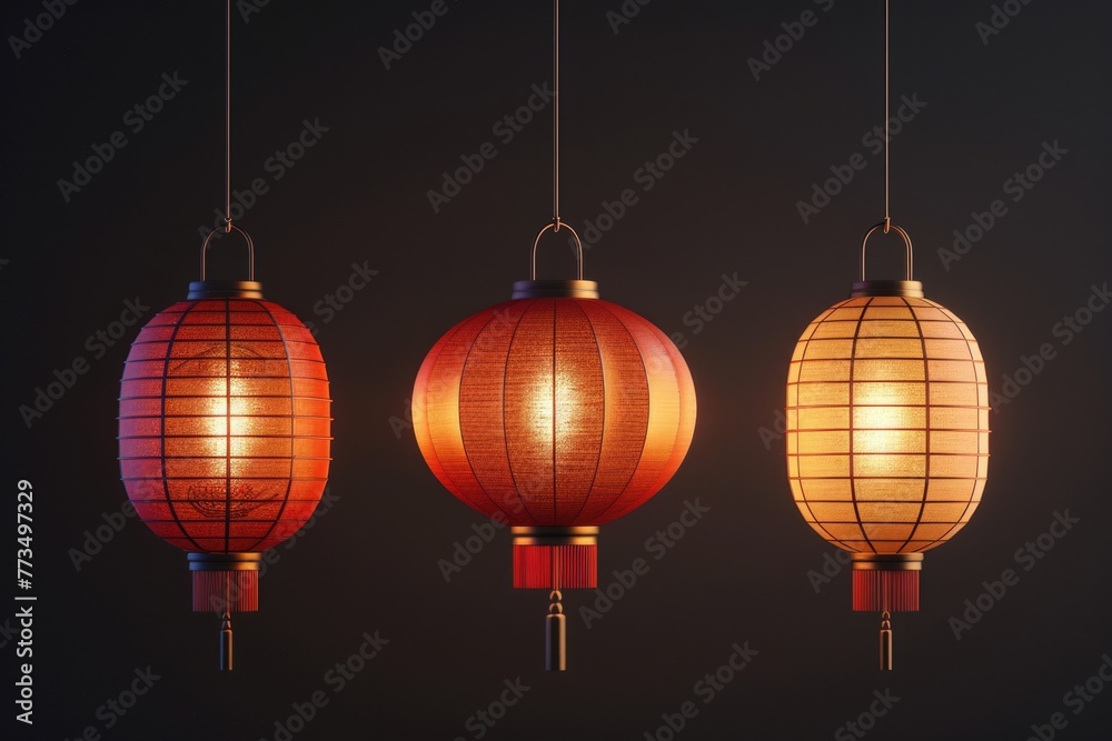 Aufkleber Three lanterns hanging from a ceiling, perfect for adding a pop of color to any space