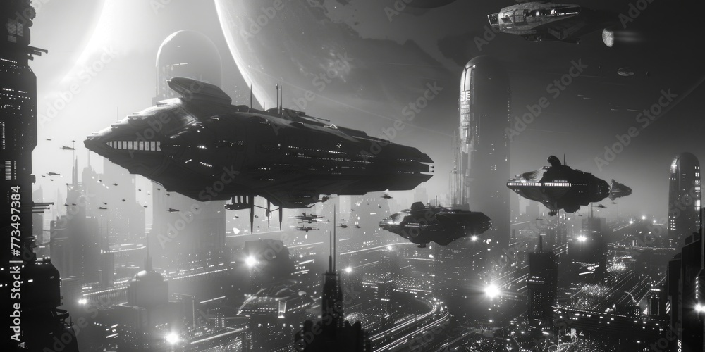 Poster a striking black and white image of a modern city skyline. perfect for tech and urban design concept
