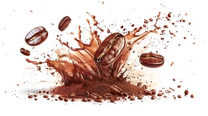 A burst of arabica grain with splashes of brown dust and shredded roasted ground coffee is shown isolated on a white background. Modern realistic illustration of espresso beans bursting on a white - obrazy, fototapety, plakaty