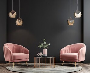 Modern interior design with a dark wall and two pastel pink armchairs and a coffee table, geometric lamps above the chairs