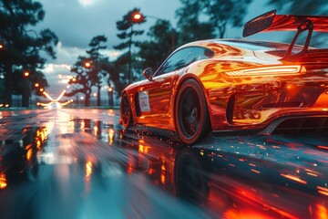 Red Sports Car Racing on Wet Road