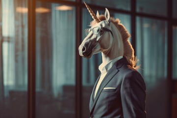 portrait of a unicorn in an office suit. Business, unicorn companies. funny animal