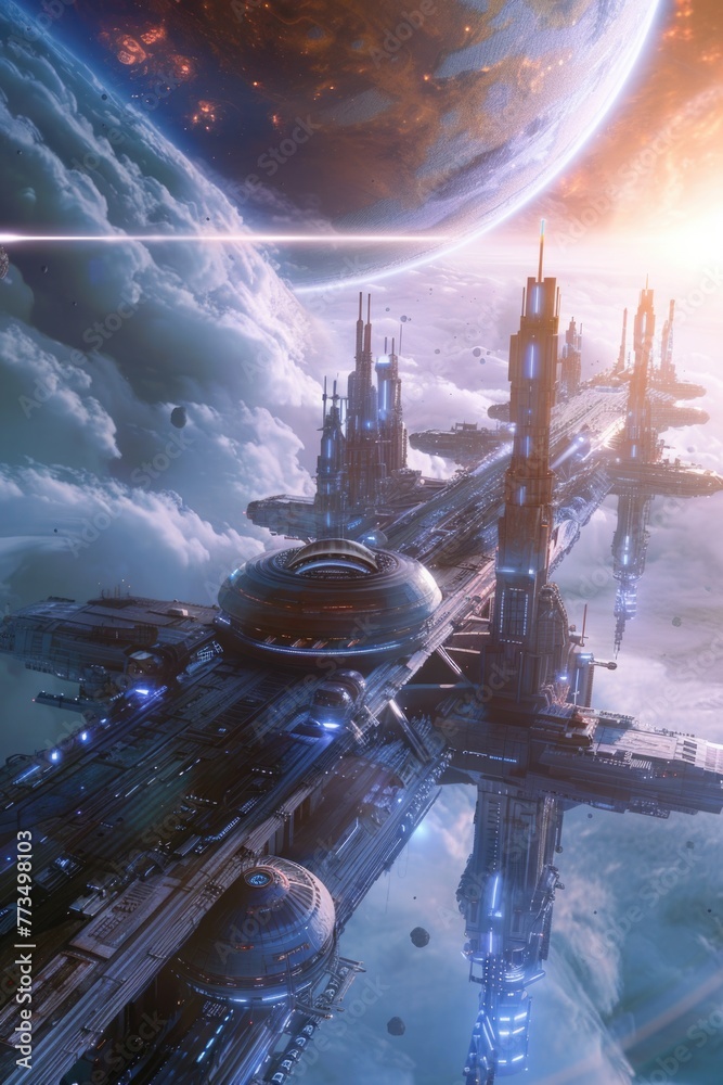 Aufkleber a futuristic city floating in the sky with a planet in the background. ideal for science fiction or 