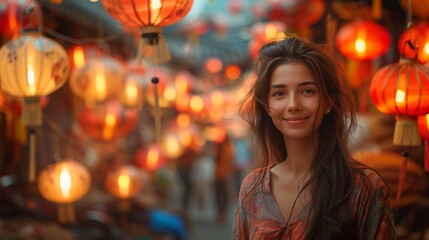 Woman Standing Among Lanterns