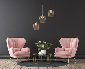 Modern interior design with a dark wall and two pastel pink armchairs and a coffee table