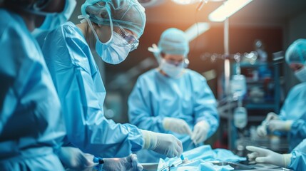 A team of surgeons are performing a medical procedure on a patients human body in the operating room, utilizing their medical expertise and wearing scrubs - obrazy, fototapety, plakaty