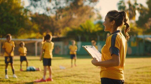 A Woman In A Yellow Shirt Holding A Clipboard, Suitable For Business Concepts