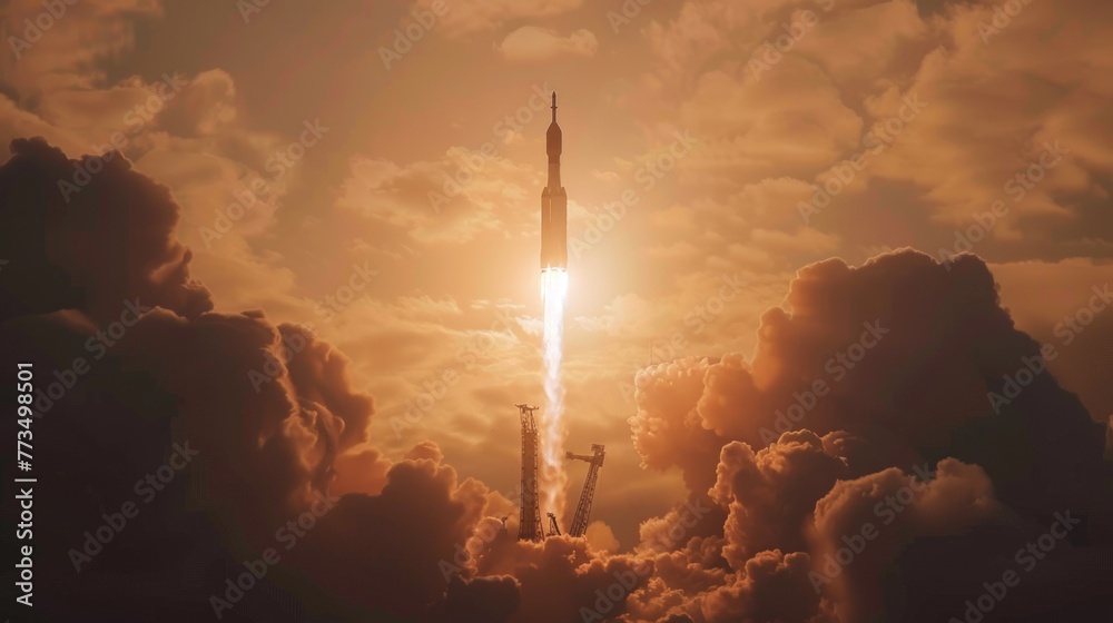 Poster A space shuttle lifting off into the sky. Ideal for science and technology concepts