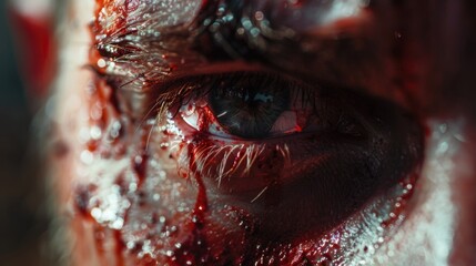 Close up of a person's eye with blood, suitable for medical or horror themes