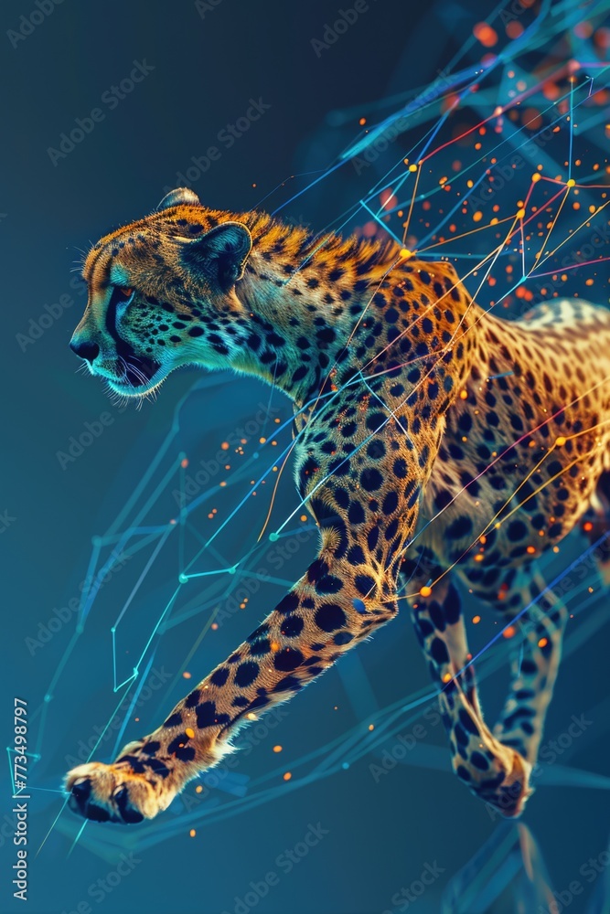 Poster Cheetah running through a network of wires, suitable for technology and speed concepts