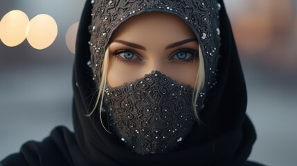 photo of a girl in a stylish balaclava, decorated with crystals, rhinestones, sparkles, against the backdrop of the city, morning light, woman, fashion, winter, walk, sky, mask, eyes - obrazy, fototapety, plakaty