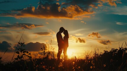 A couple sharing a tender kiss in a beautiful field at sunset. Perfect for romantic concepts and love themes