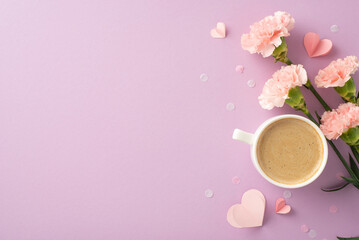 Mother's Day refined theme: Top view image of espresso, vibrant carnations cluster, small hearts,...