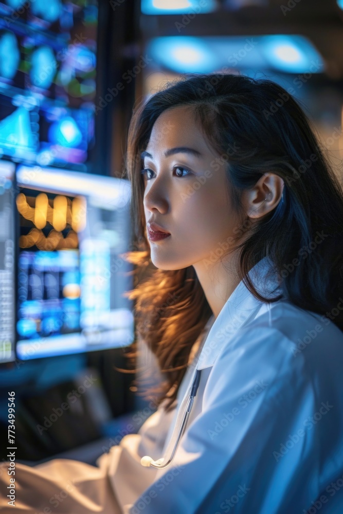 Poster woman sitting in front of a computer monitor. perfect for technology concepts