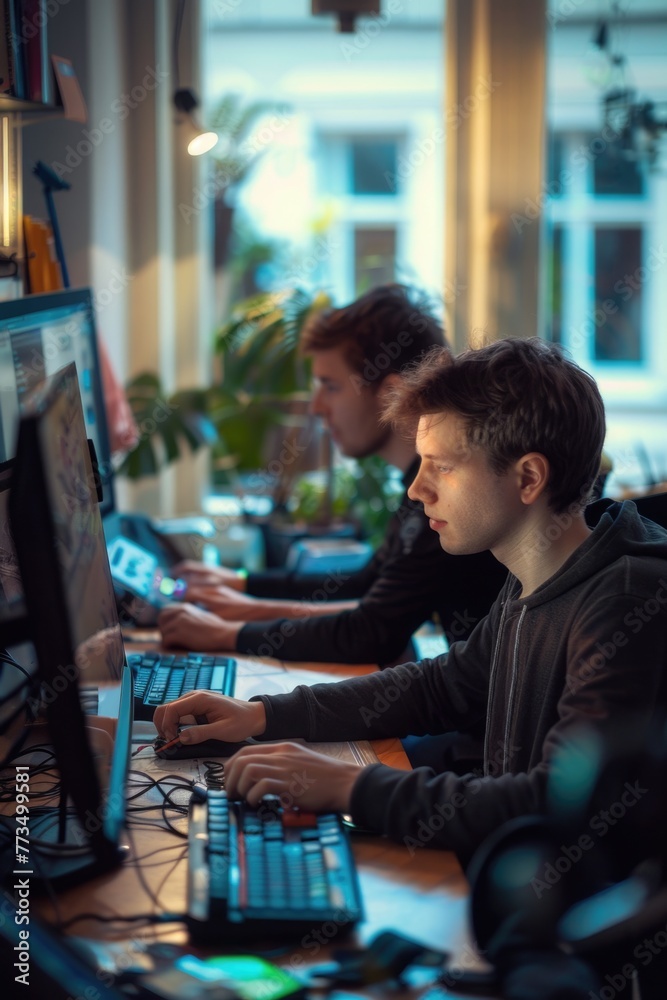 Leinwandbilder a man sitting at a desk using a computer. suitable for office and technology concepts